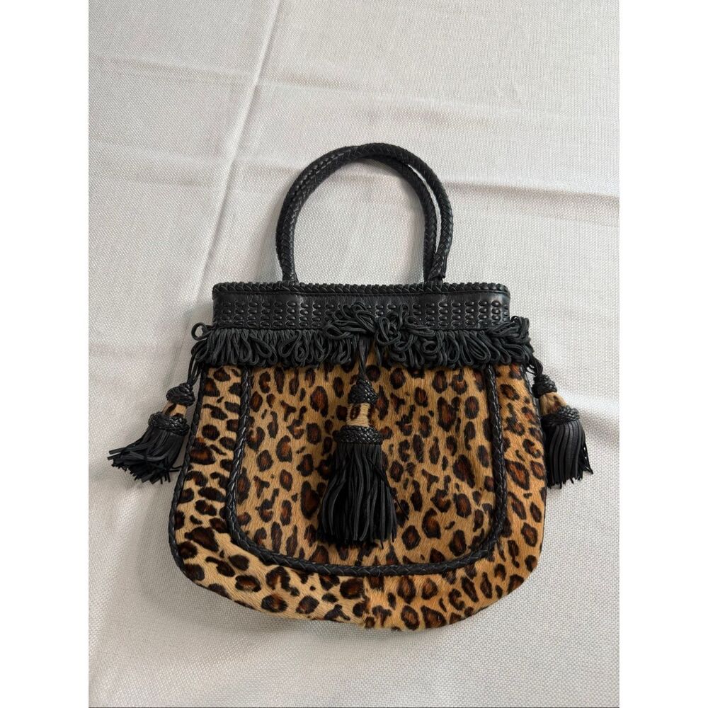 Francesco Biasia Leopard Haircalf Leather Tassel Satchel Top Handle Bag Italy